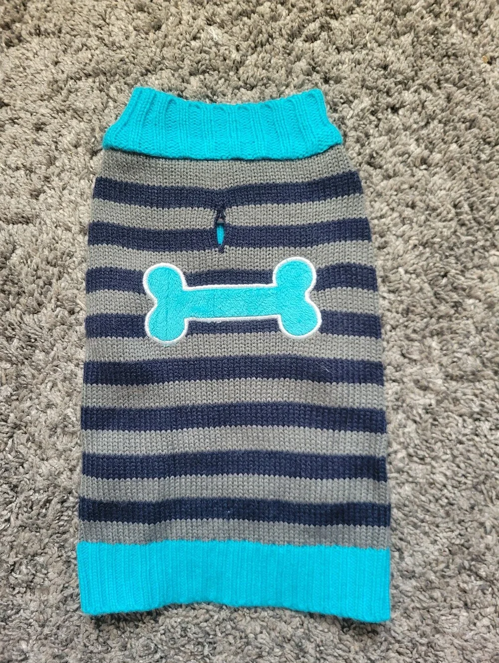 Dog Striped Gray & Navy Sweater with Teal Bone Accent Size Small *NWOT*